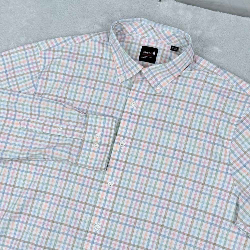 johnnie-O Kyler Performance Shirt Mens XL Maliblu Plaid Bamboo Stretch Pastel